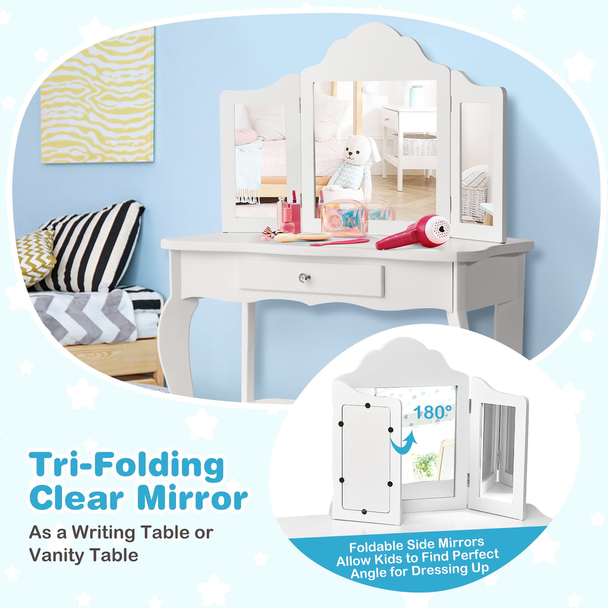 Vanity Table Set Makeup Dressing Table Kids Stool Mirror