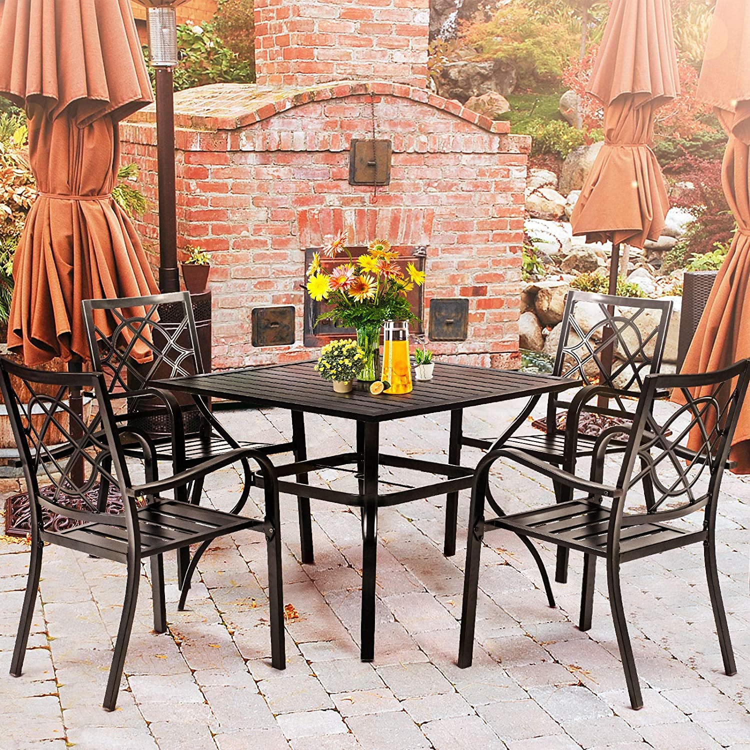 5 Piece Outdoor Wrought Iron Chairs and Table Patio Dining Furniture Set - 4 Stackable Metal Chairs, 1 Steel Slat Bistro Table and 1 Dark Blue 9Ft Patio Umbrella for Garden Backyard Deck