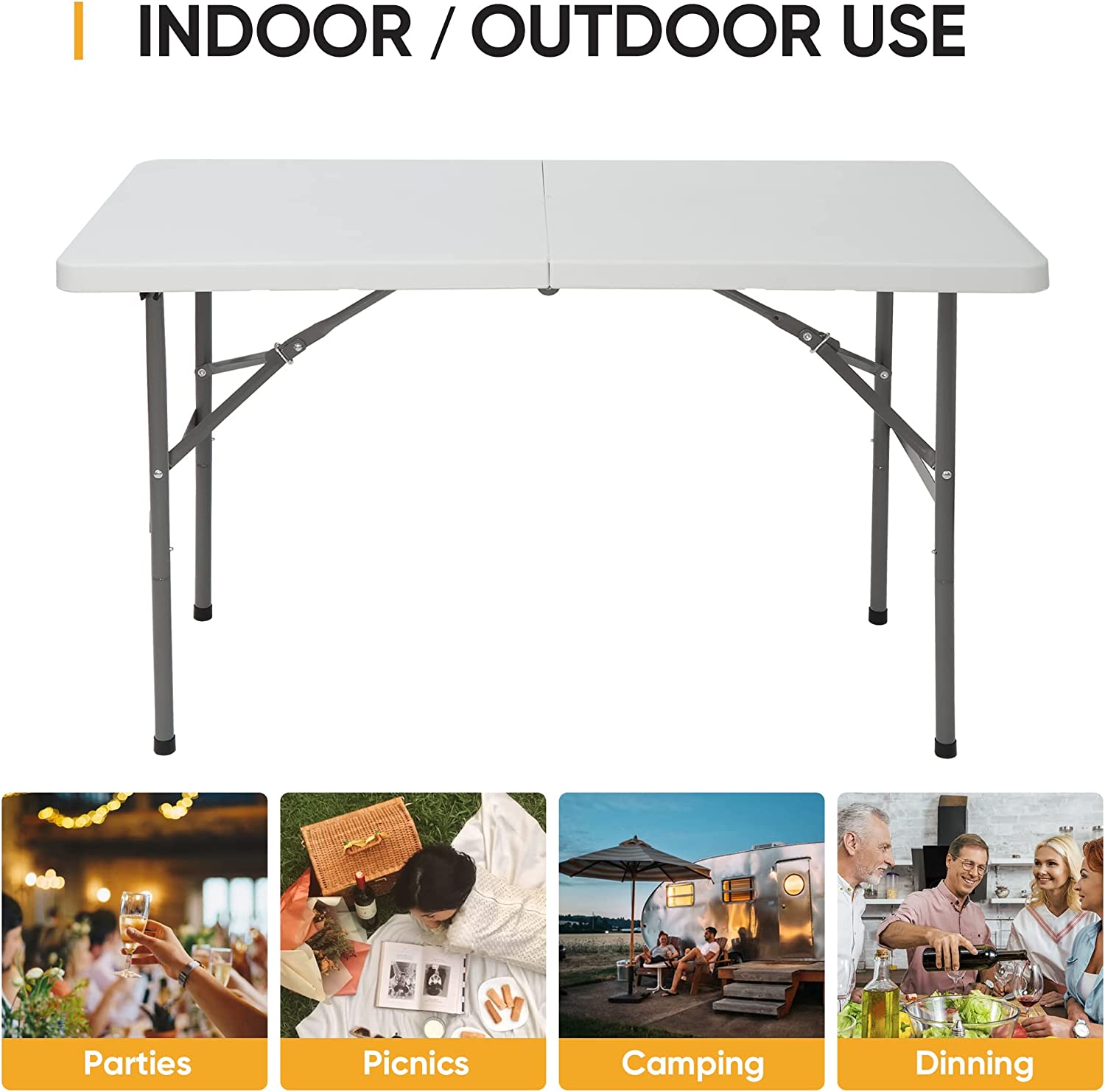 4 Foot Plastic Folding Table, Indoor Outdoor Heavy Duty Fold-in-Half Picnic Party