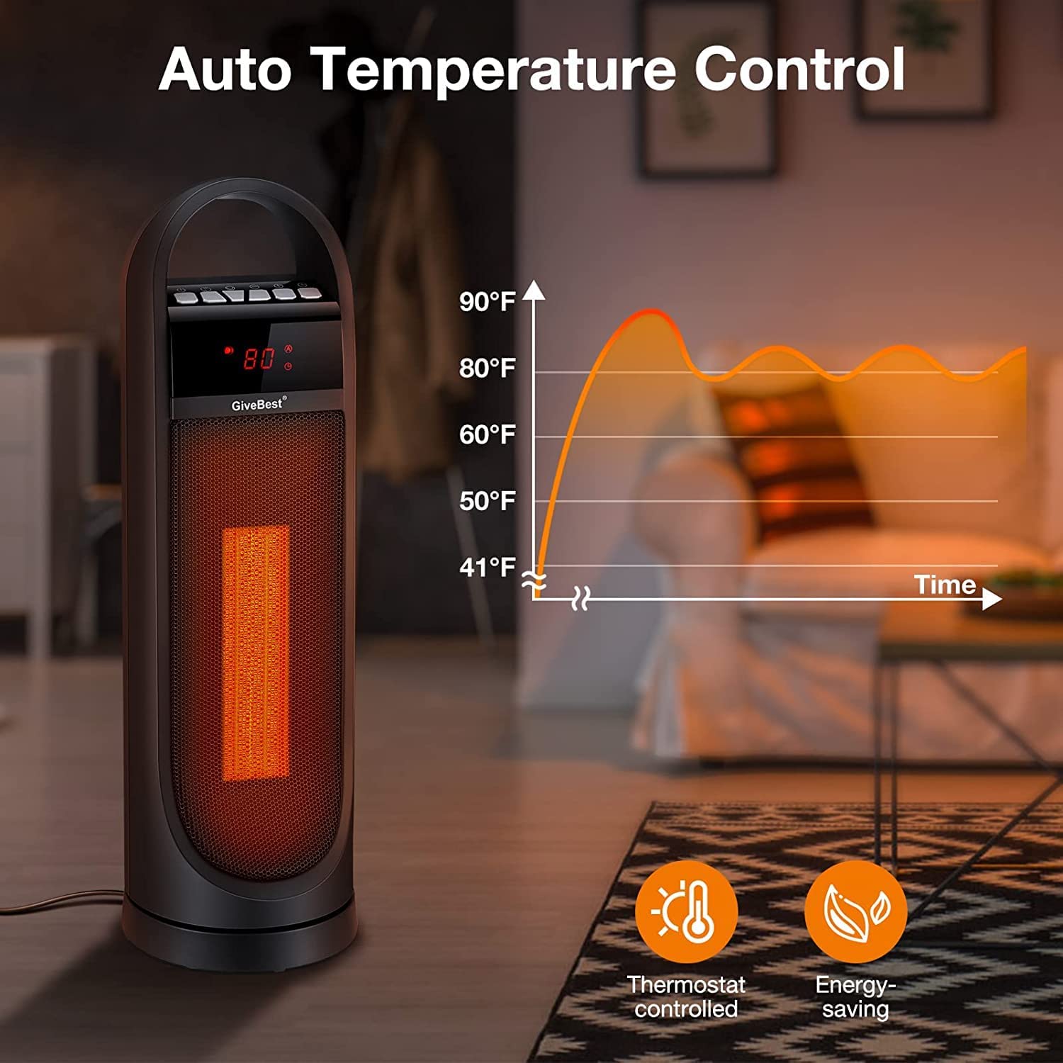 22 Tower Space Heater, 1500W 900W Ceramic Quiet Room Heater with Remote Control, Oscillation, Thermostat, Overheat Tip-Over Protection, Digital Rotating Heater for Room Home Office
