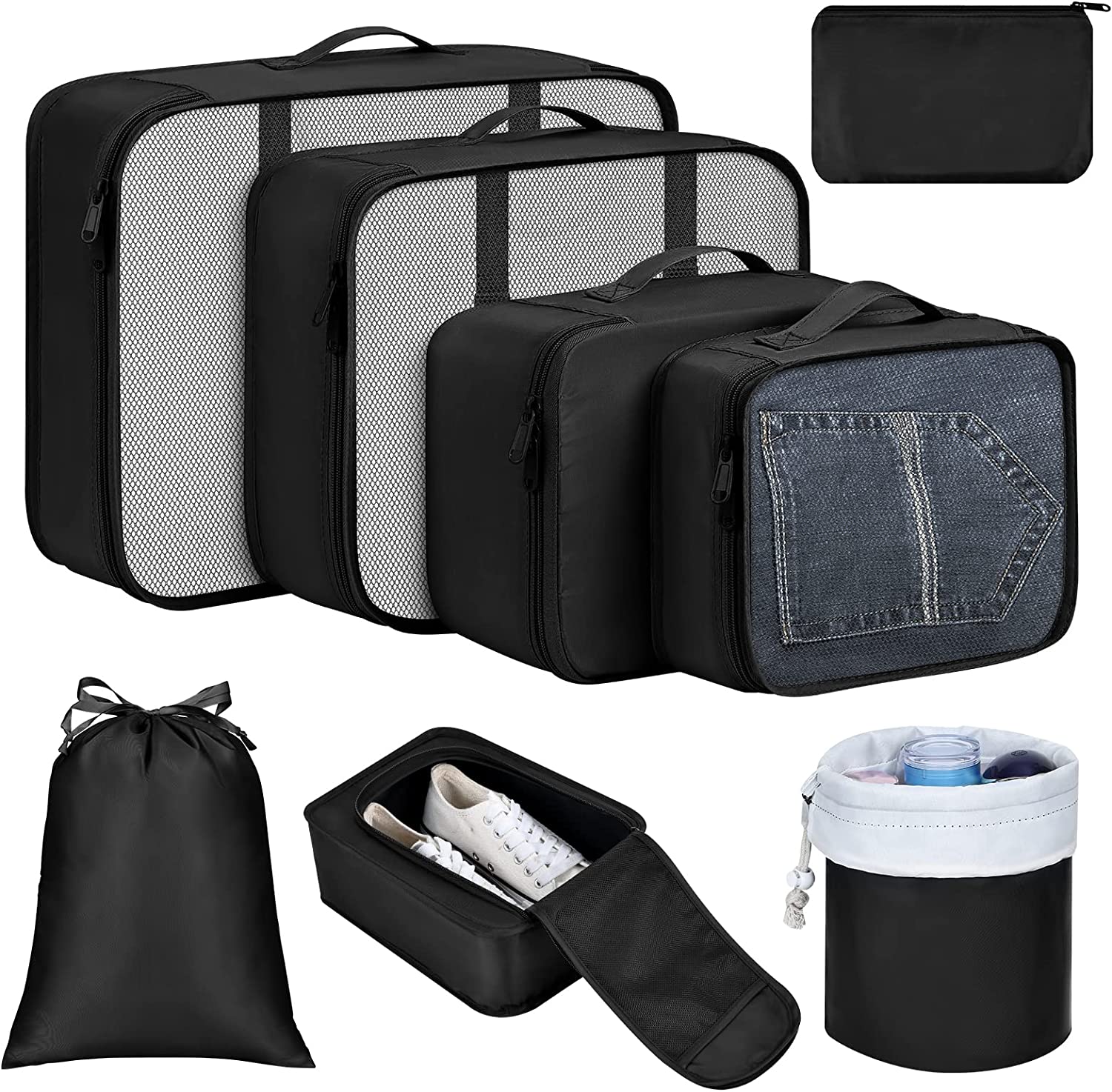 Packing Cubes 8 Pack, Travel Packing Cubes Set Suitcase Organizer Lightweight Luggage Packing Cubes for Carry on Suitcase with Travel Laundry Bags, Shoes Bag.£¨Black£©