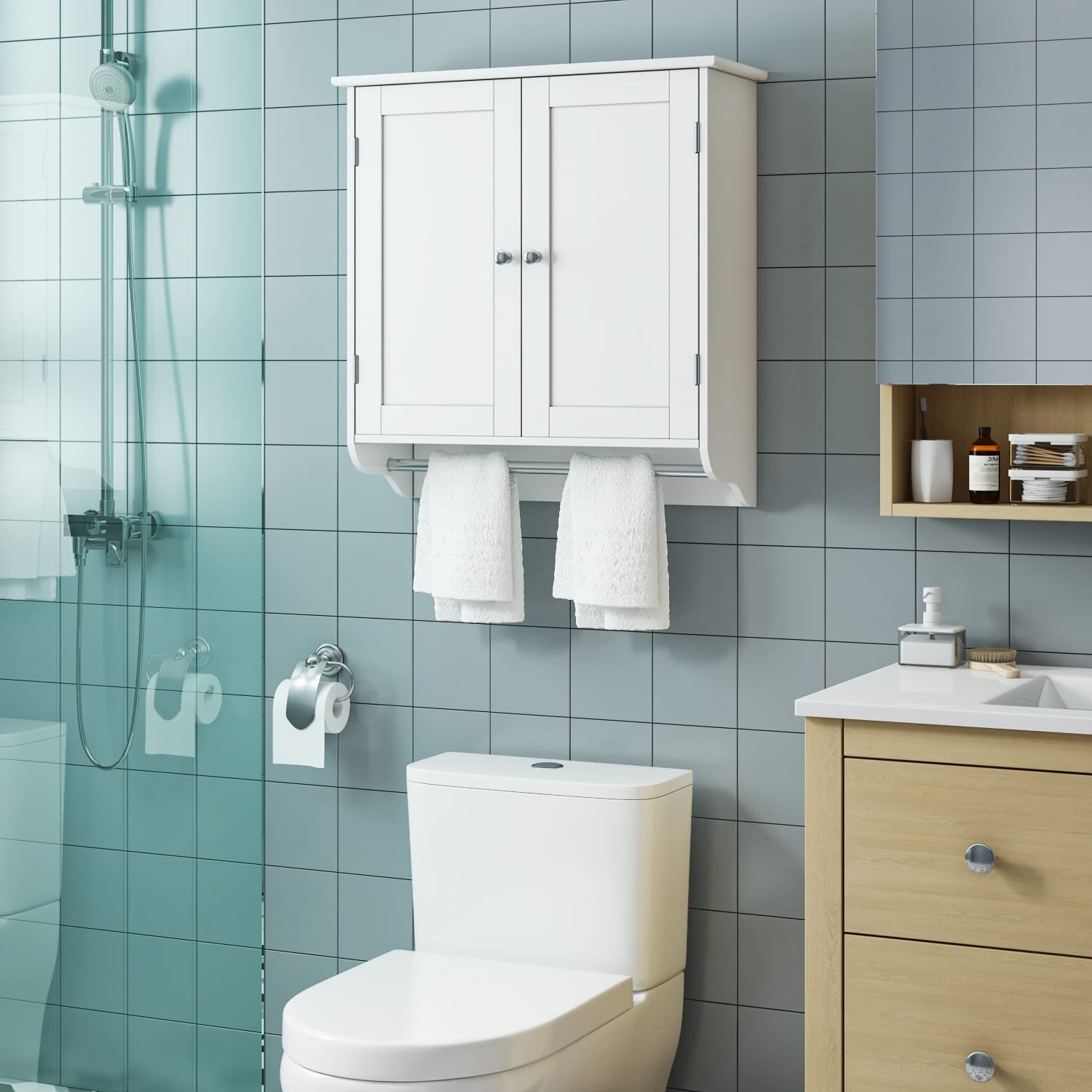 Bathroom Wall Cabinet, 23.6'' W over The Toilet Storage Cabinet with Double Door Cupboard and Adjustable Shelf and Towels Bar, White