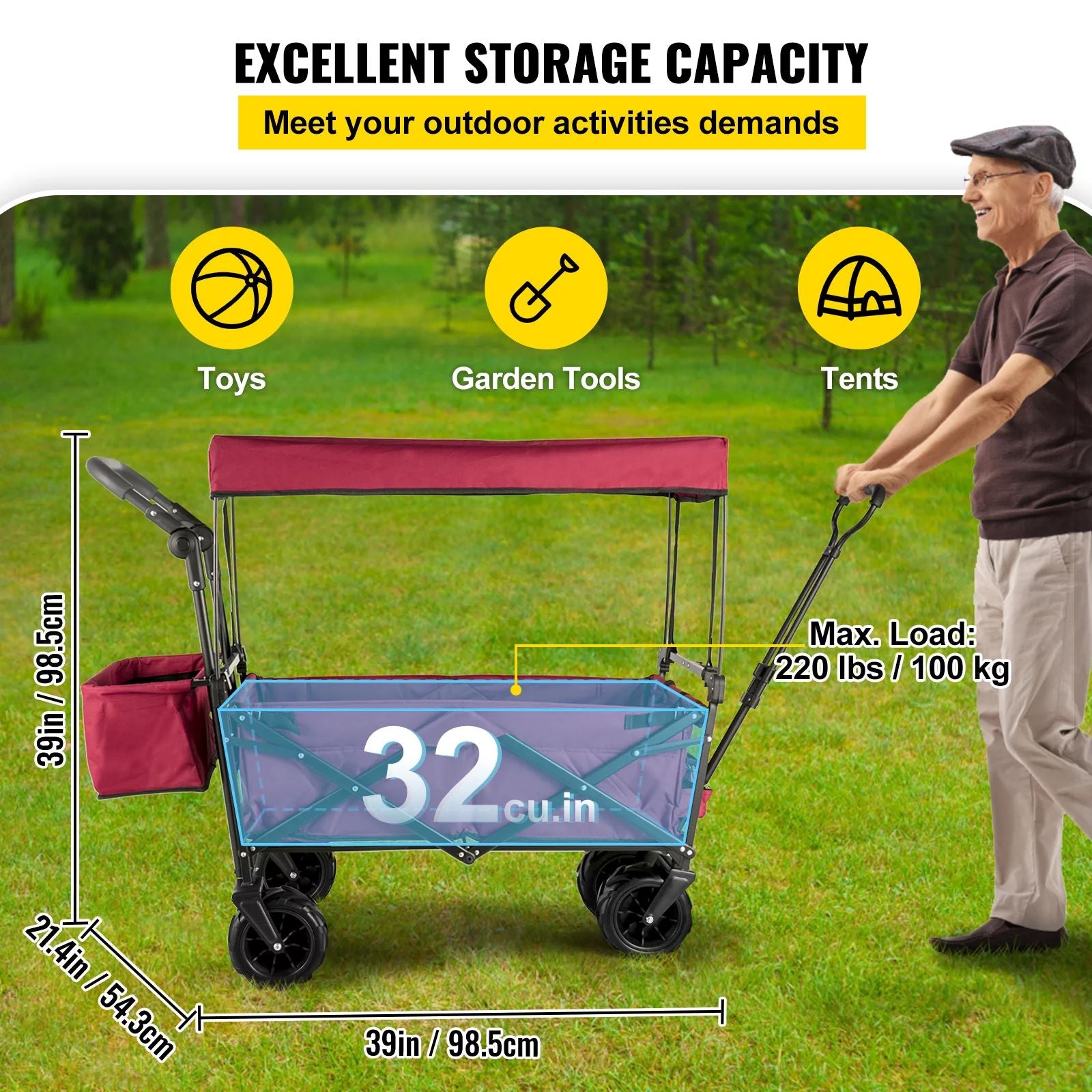 Wagon Cart Red, Foldable Wagon Cart Removable Canopy