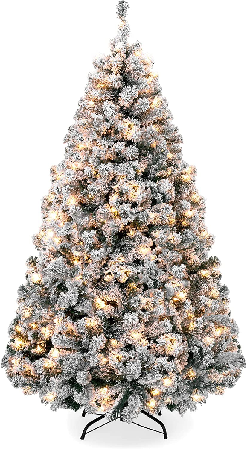 6ft Pre Lit Snow Flocked Artificial Holiday Christmas Pine Tree for Home, Office, Party Decoration w/ 250 Warm White Lights, Metal Hinges  Base