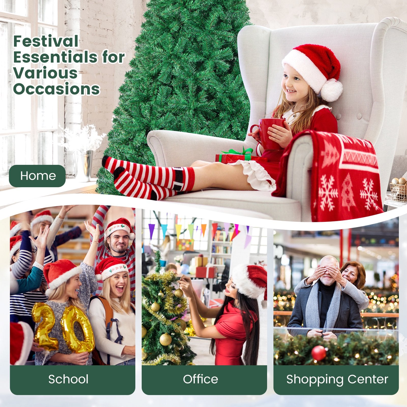 6ft Premium Christmas Tree, Pine Hinged Artificial Holiday Tree with 1000 Tips, Metal Base - Green