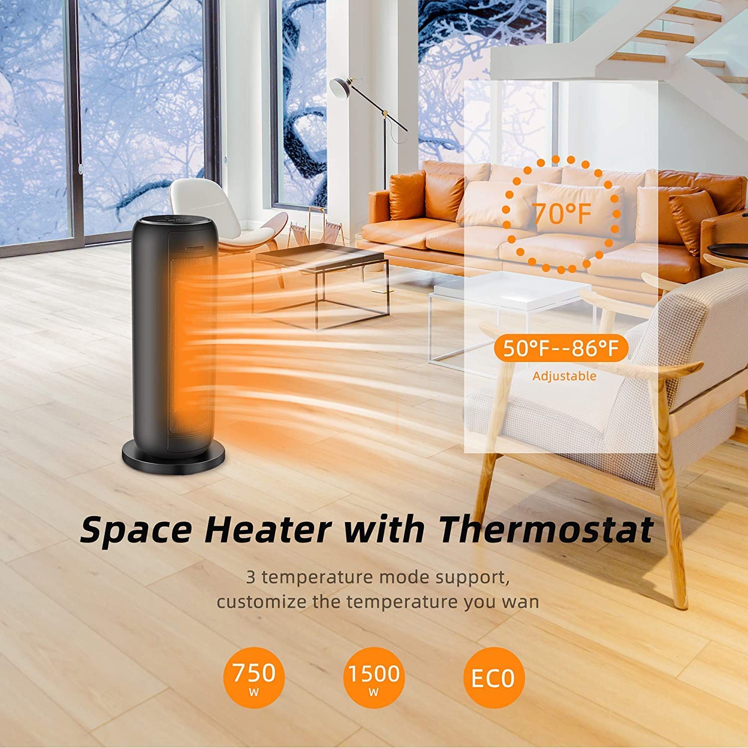 Space Heater 1500W 24in PTC Space Heater with Remote for Home