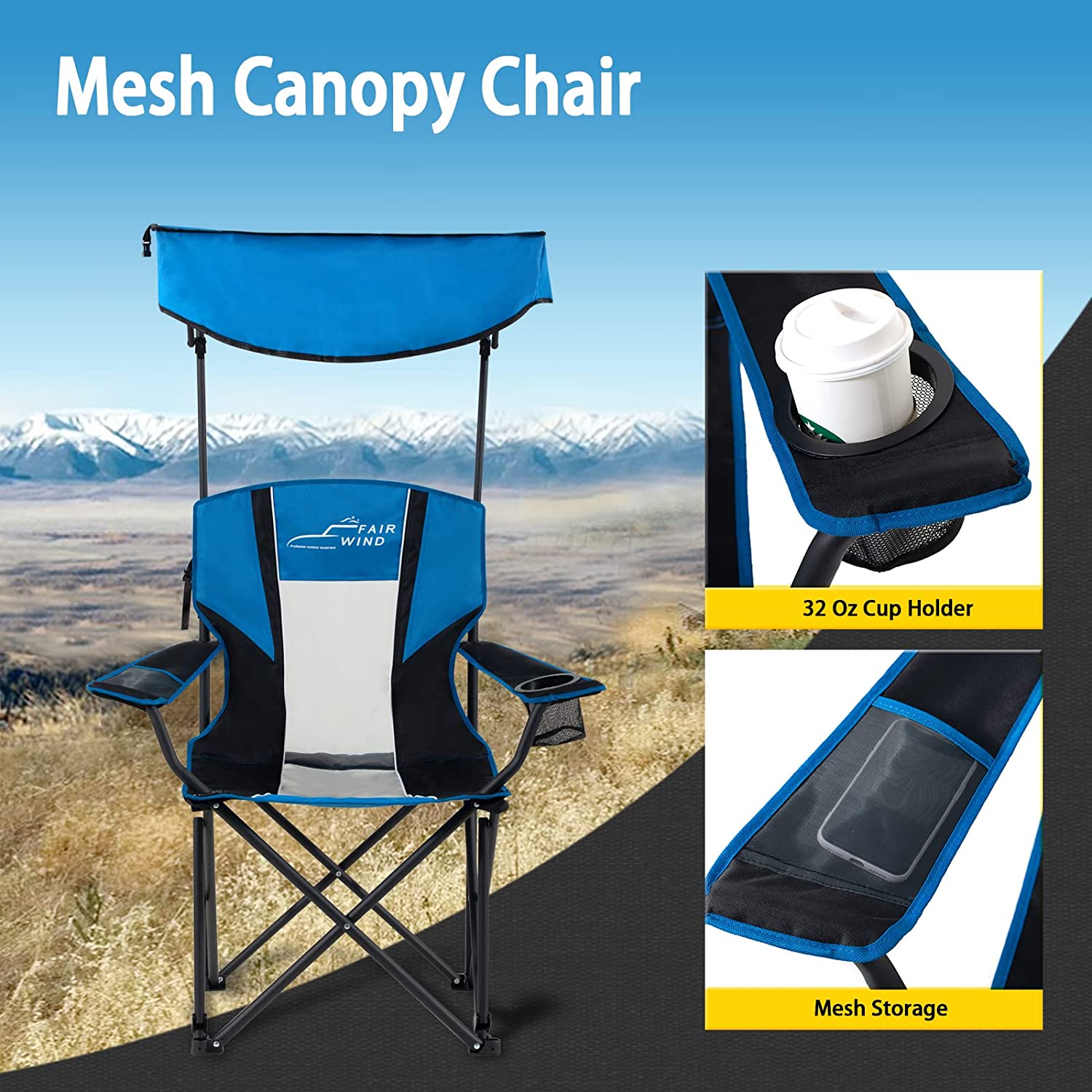 Oversized Camping Lounge Chair with Adjustable Shade Canopy for Outdoor Sports Heavy Duty Quad Fold Chair Arm Chair - Support 350 LBS(Black Blue)