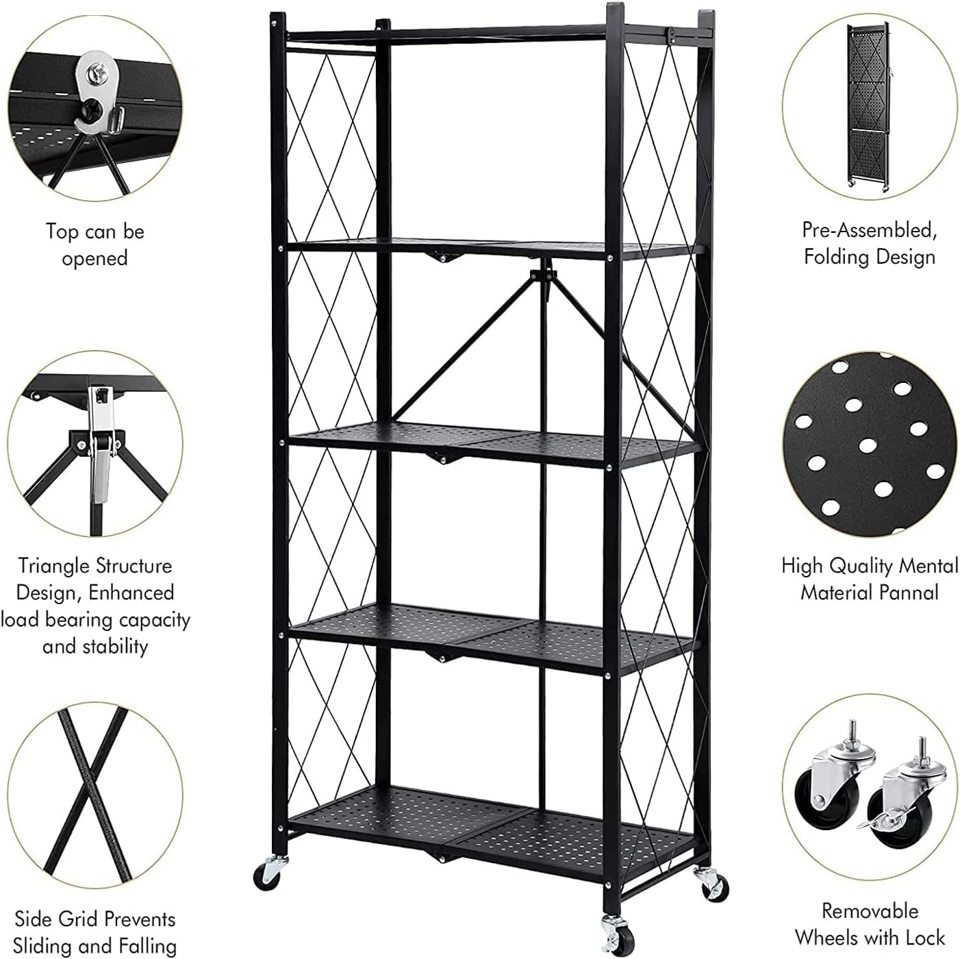 5 Shelf Foldable Storage Shelf Unit on Wheels (No Assembly) Large Capacity Shelving Unit Steel for Kitchen, Garage, Basement, Pantry£¬Heavy Duty Steel Shelving Organizer Rack