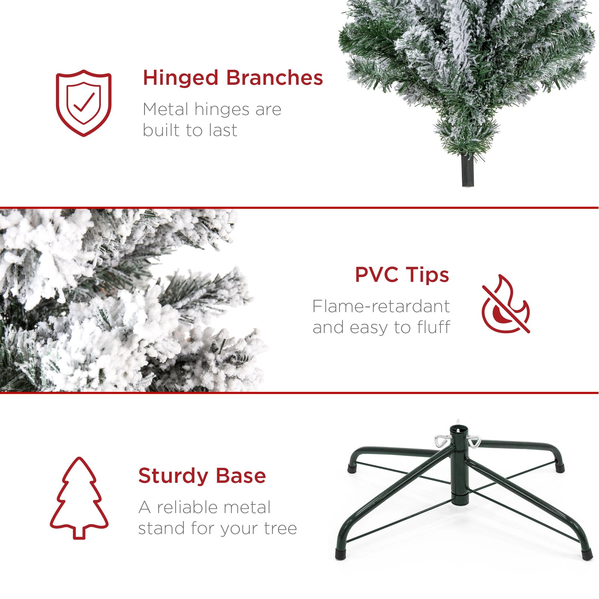 6ft Premium Holiday Christmas Pine Tree w/ Snow Flocked Branches, Foldable Metal Base