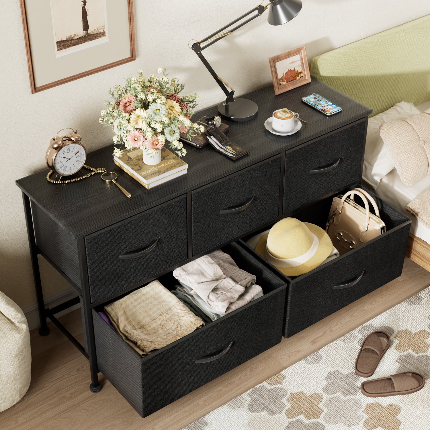 5 Drawer Fabric Dresser Wide Chest Of Drawers Nightstand With Wood Top Rustic Storage Tower Storage Dresser Closet For Living Room, Bedroom, Hallway, Nursery,Black