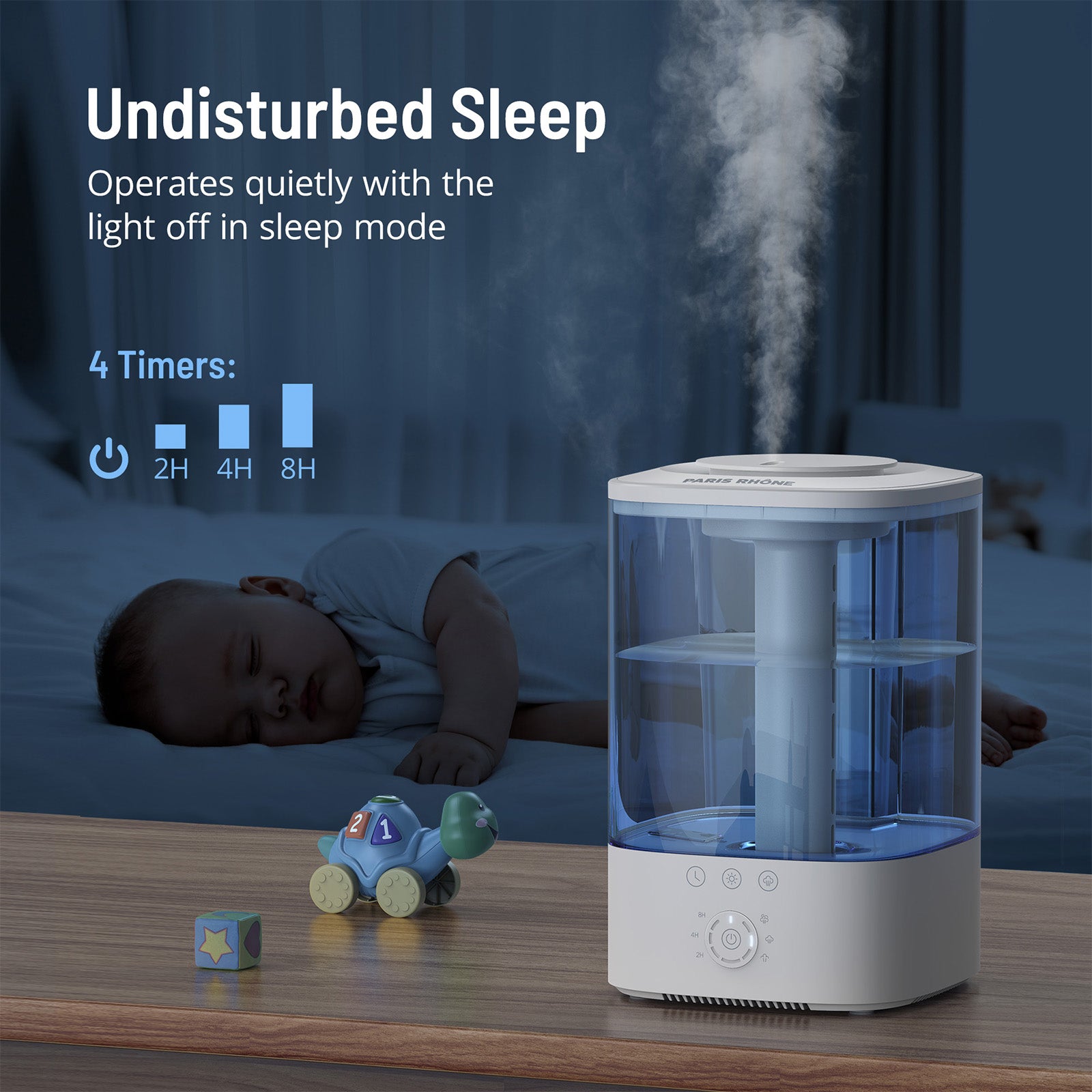 Humidifiers for Bedroom Mideum Room Home, Paris Rhone 3.5L Cool Mist Top Fill Ultrasonic Humidifier for Baby and Plants, with 7-Color LED Light, Touch Control, Auto Shut-off, Blue