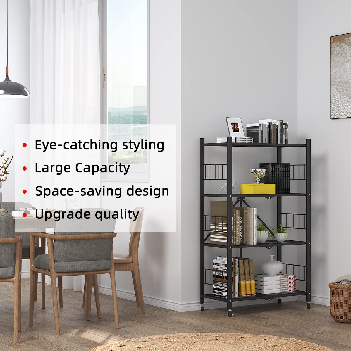 Folding Storage Shelves, 4-Tier Metal Shelves with Wheels, Shelving Units and Storage Rack, Rolling Shelf No Assembly