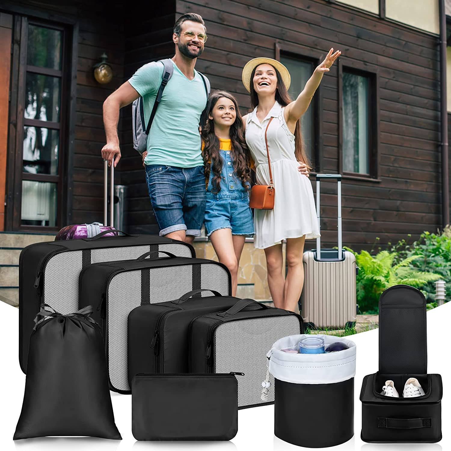 Packing Cubes 8 Pack, Travel Packing Cubes Set Suitcase Organizer Lightweight Luggage Packing Cubes for Carry on Suitcase with Travel Laundry Bags, Shoes Bag.£¨Black£©