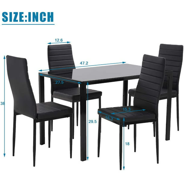 5 Pieces Dining Table Set for 4, Kitchen Room Tempered Glass Dining Table, Black