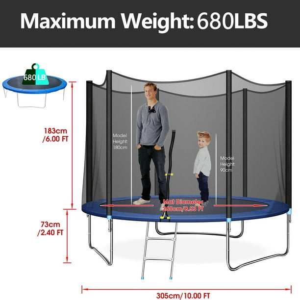 10 FT Trampoline with Safe Enclosure Net 680 lbs Outdoor Fitness Trampoline with Waterproof Jump Mat Ladder