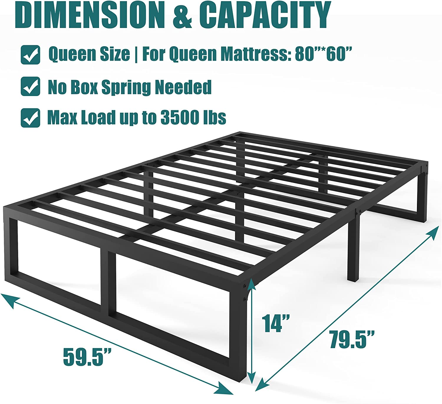 14 Inch Queen Bed Frame,3500 lbs Heavy Duty Metal Platform, Steel Slats Support/No Box Spring Needed/Noise Free/Non-Slip/Easy Assembly