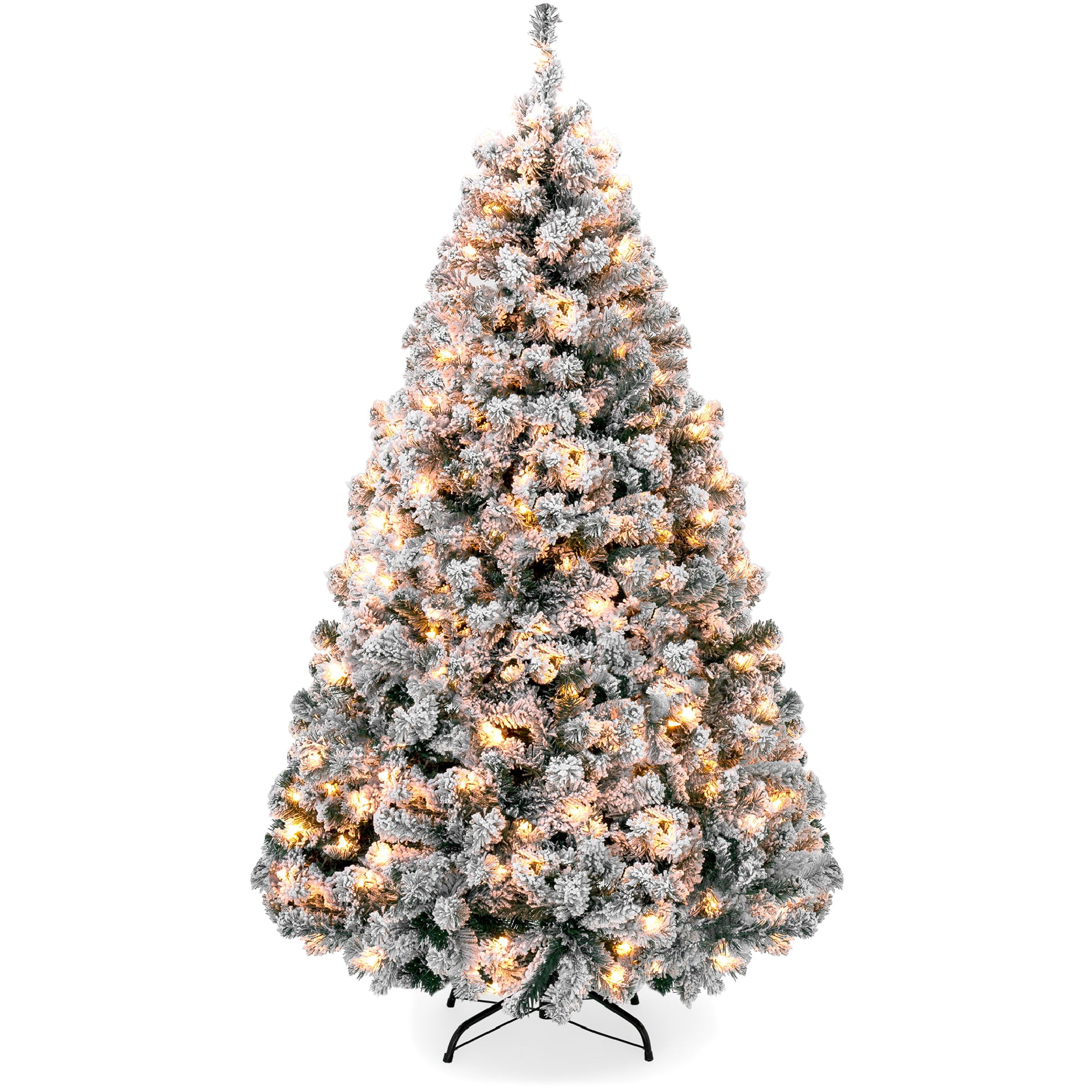 6ft Pre-Lit Holiday Christmas Pine Tree w/ Snow Flocked Branches, 250 Warm White Lights