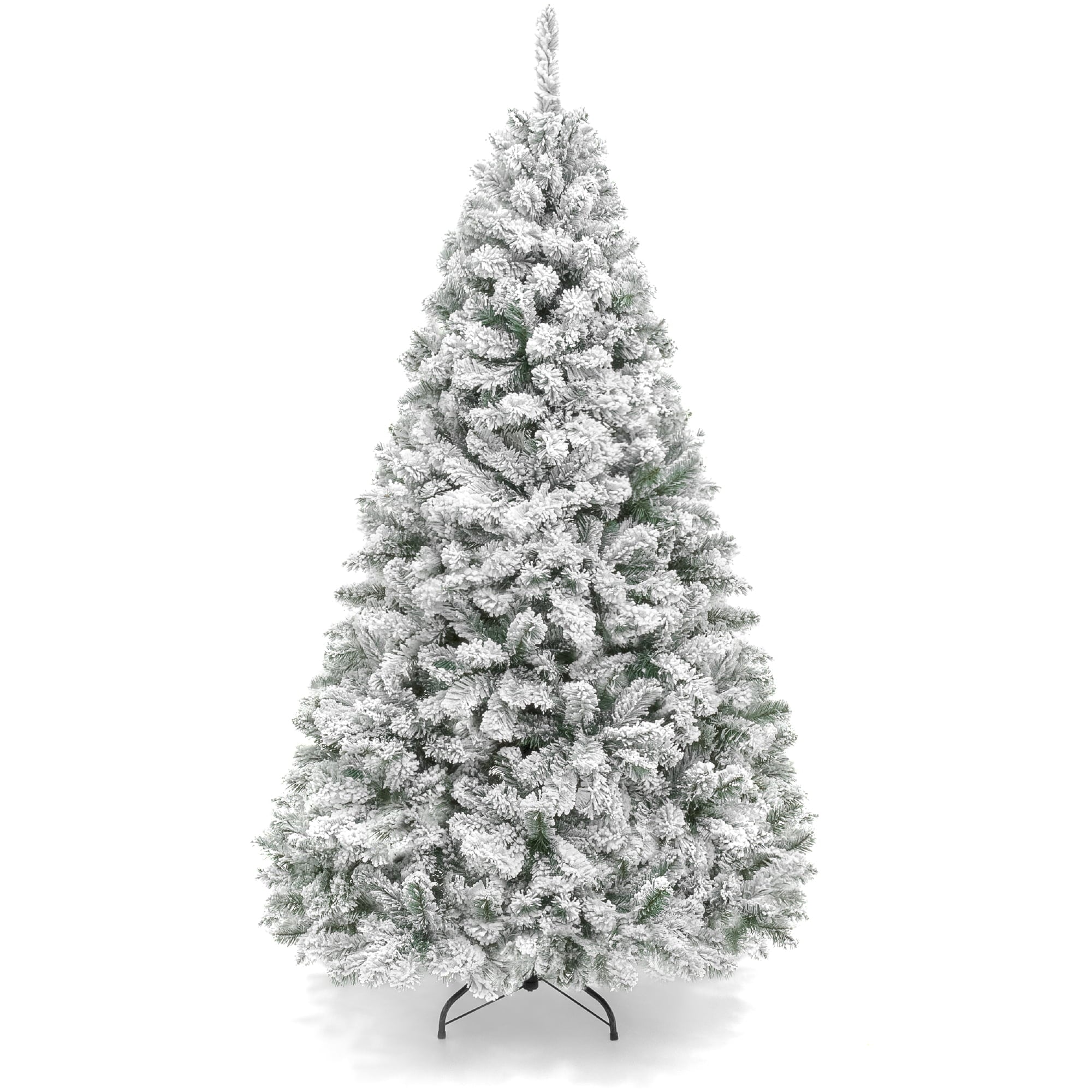 6ft Premium Holiday Christmas Pine Tree w/ Snow Flocked Branches, Foldable Metal Base