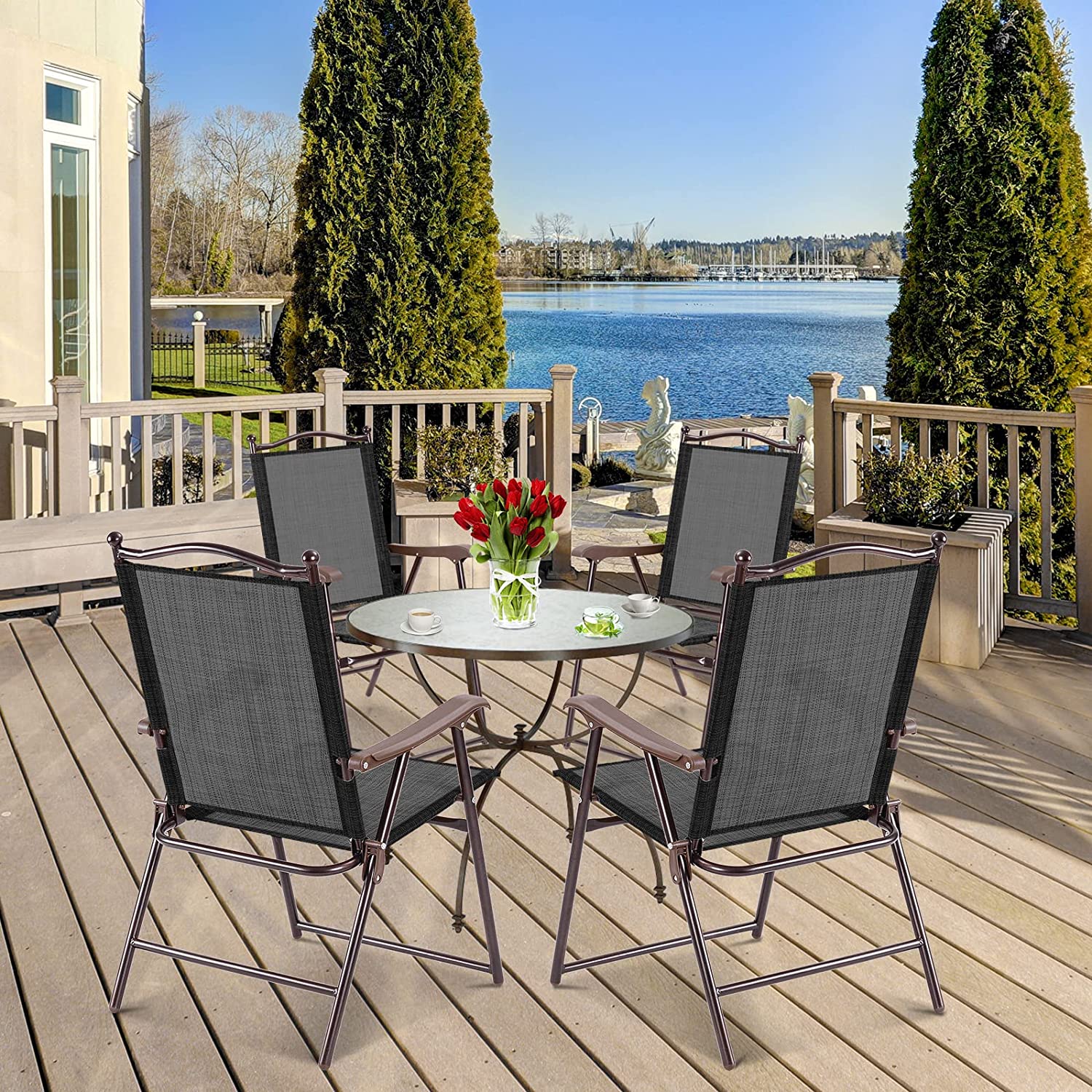Set of 2 Patio Folding Dining Chairs, Outdoor Sling Lawn Chairs with Armrests, Steel Frame, Portable Camping Lounge Chairs for Backyard, Deck, Poolside and Garden, No Assembly (Black)
