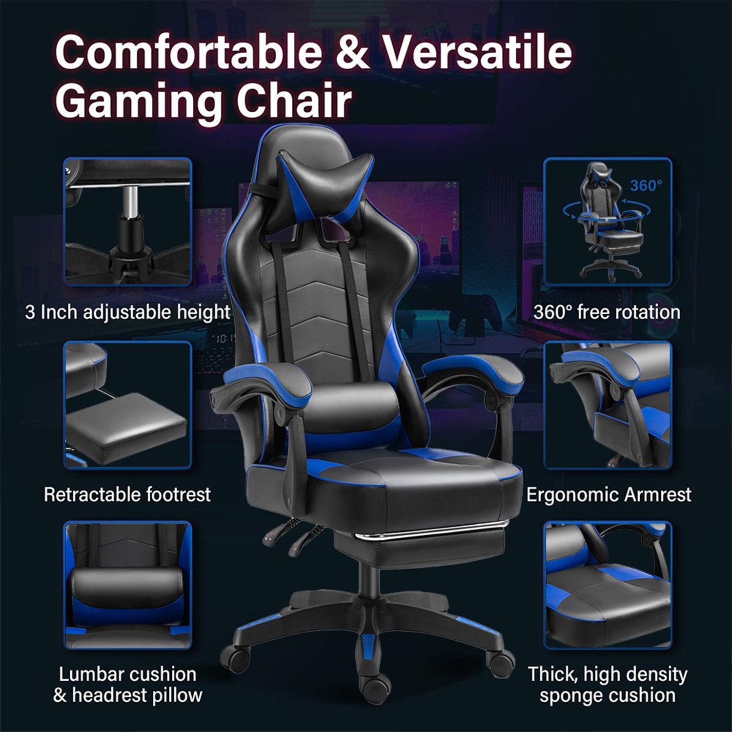 Gaming Chair Racing High Back Office Chair with Footrest Blue