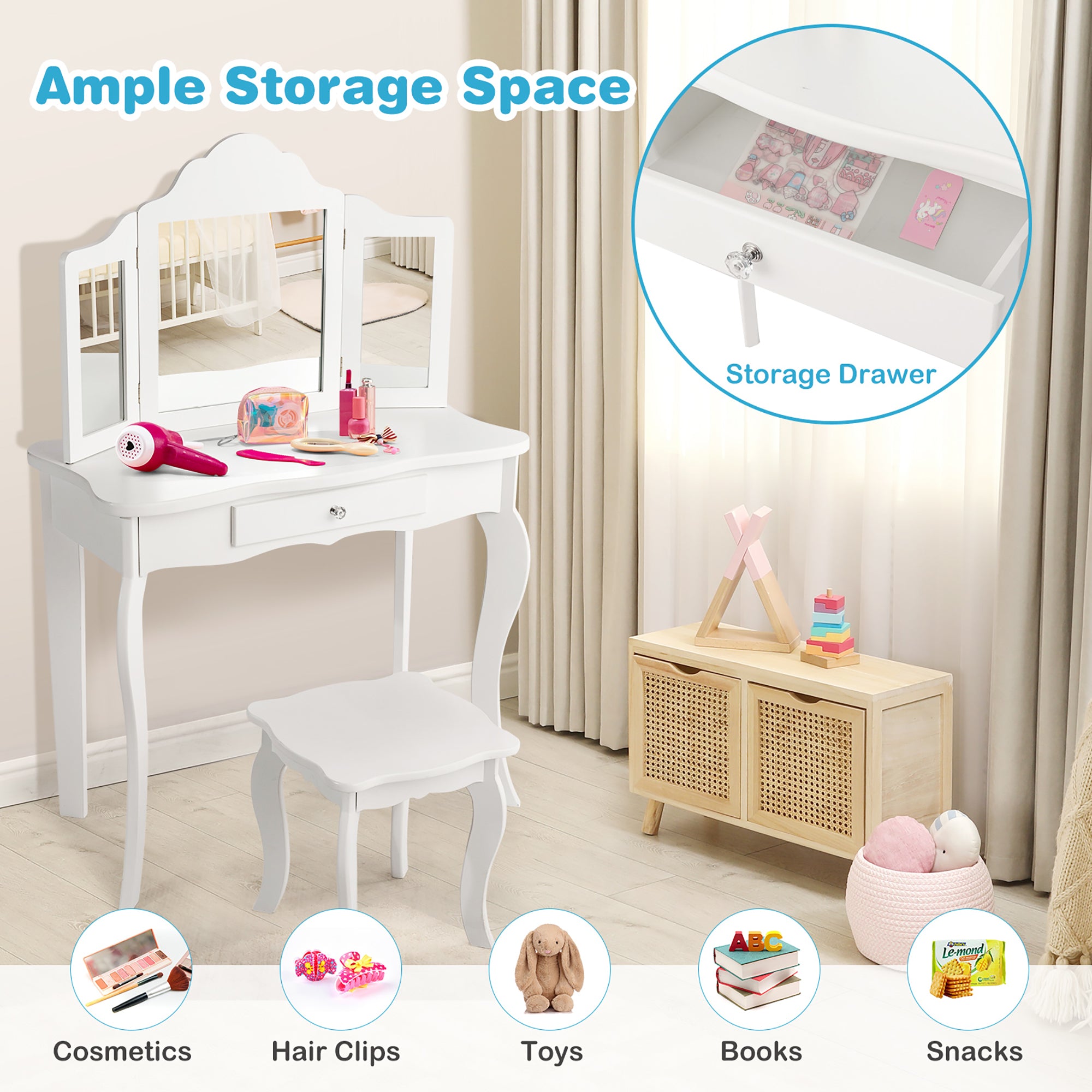 Vanity Table Set Makeup Dressing Table Kids Stool Mirror