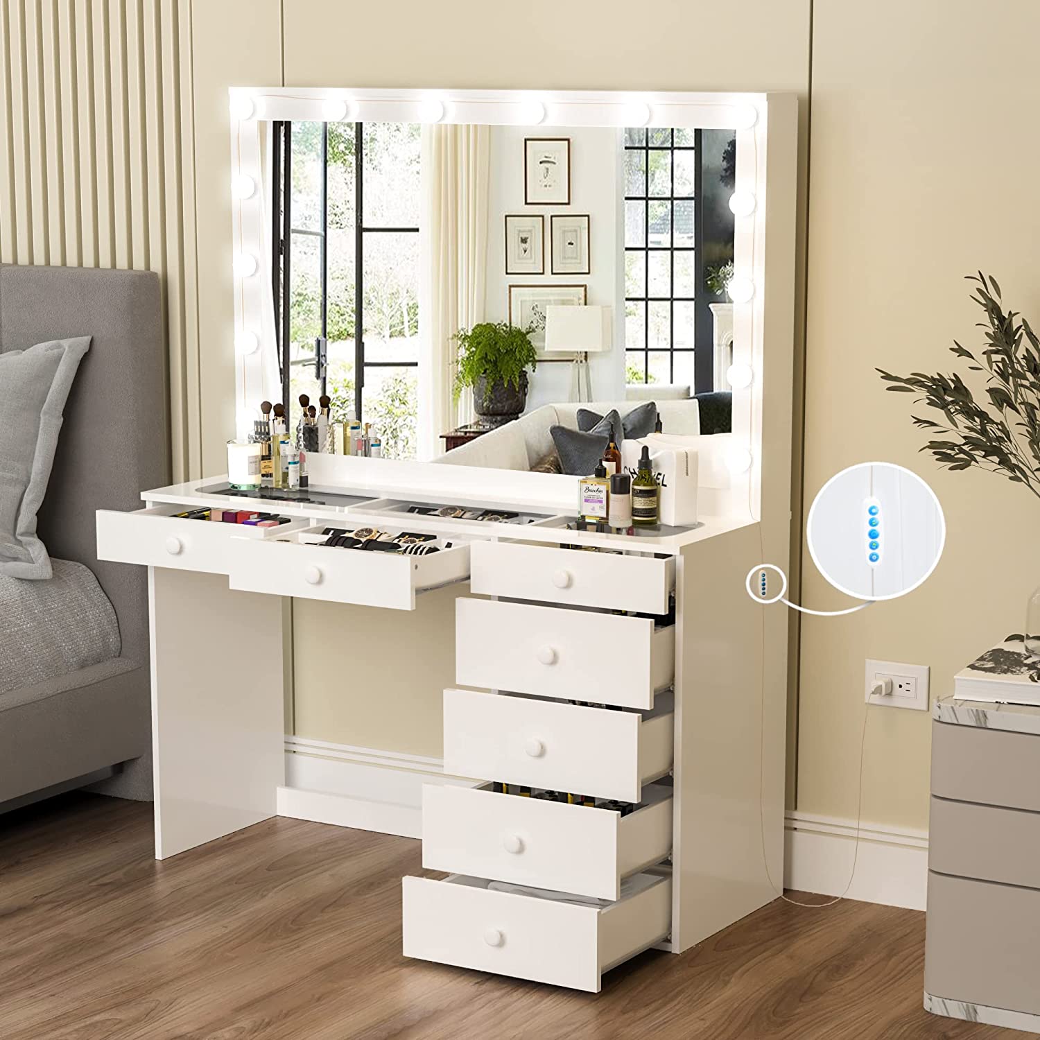 Serena Modern Makeup Vanity with Hollywood Lights Bulbs Add-On