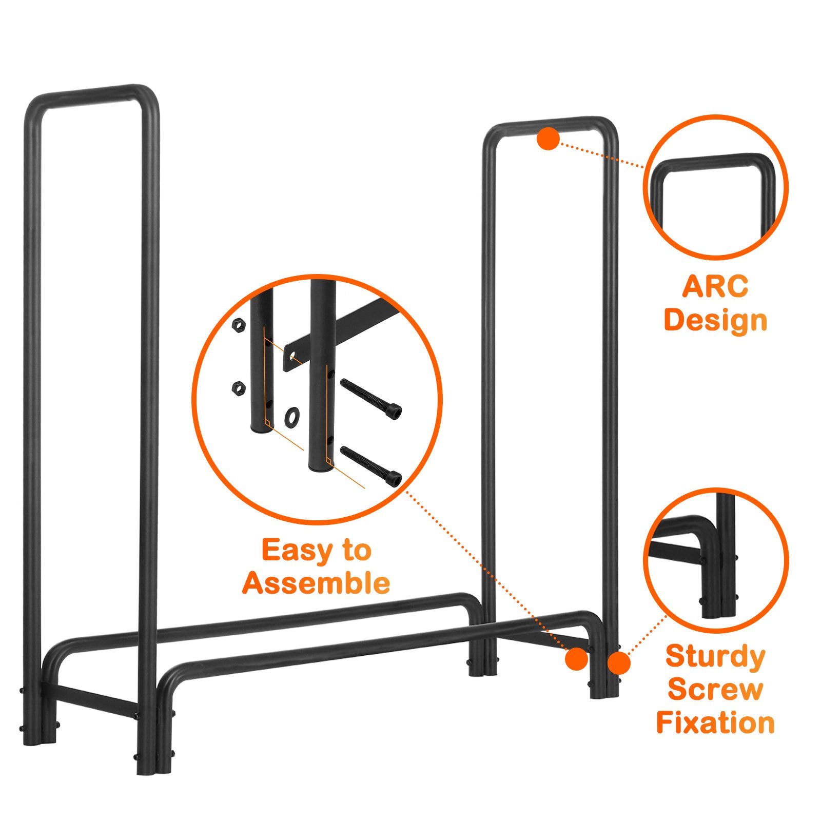 4 ft Firewood Rack, Outdoor Steel Firewood Log Rack Wood Storage Holder for Fireplace Black
