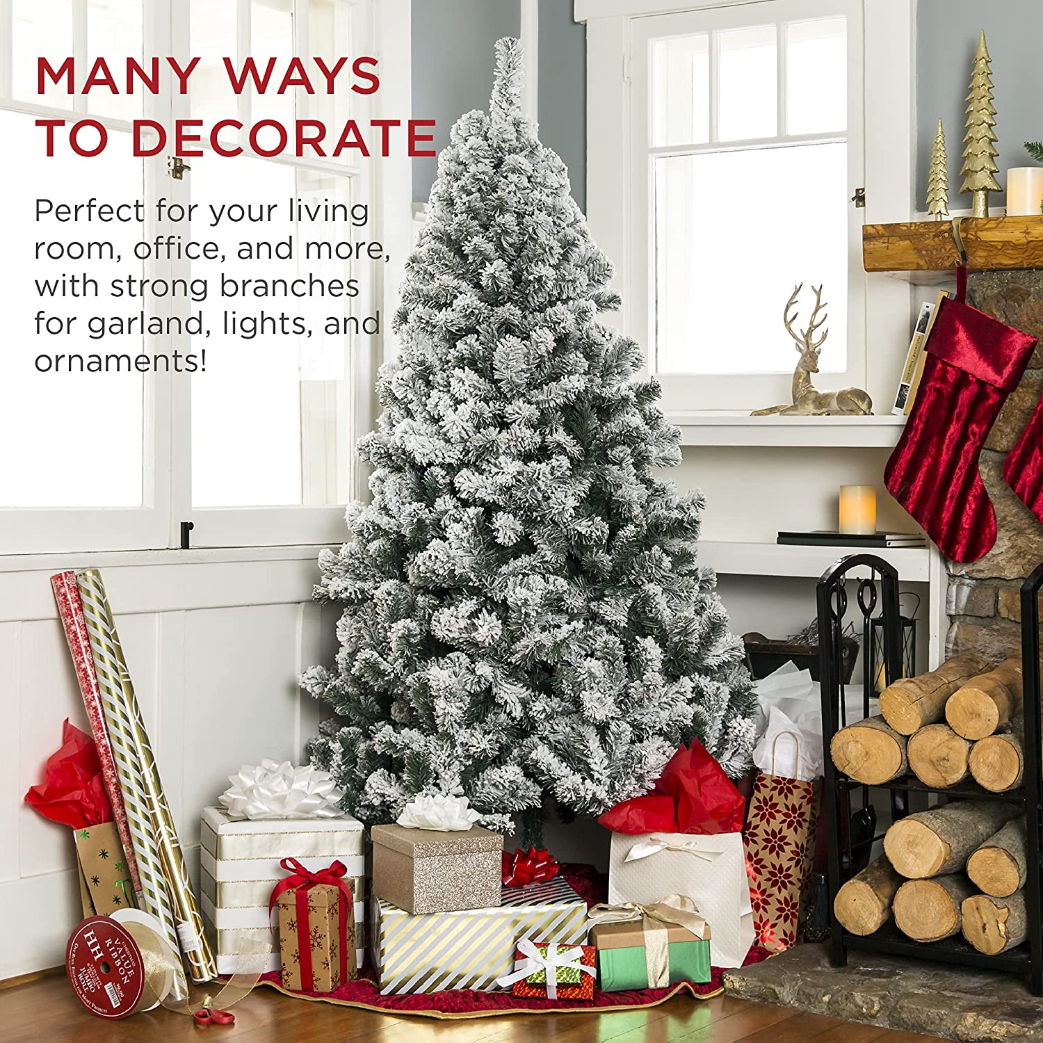7.5ft Pre Lit Snow Flocked Artificial Holiday Christmas Pine Tree for Home, Office, Party Decoration w/ 250 Warm White Lights, Metal Hinges  Base