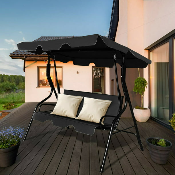 Patio 3 Seats Canopy Swing Glider Hammock Cushioned Steel Frame Outdoor Black