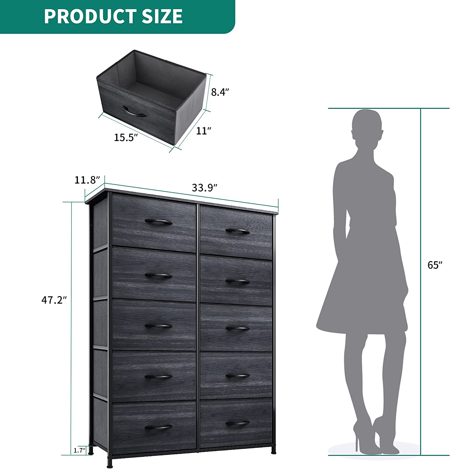 10 Drawer Dresser Fabric Storage Tower, Organizer Unit for Living Room, Hallway, Closets  Nursery - Sturdy Steel Frame, Wooden Top  Easy Pull Fabric Bins (Charcoal Black Wood Grain)
