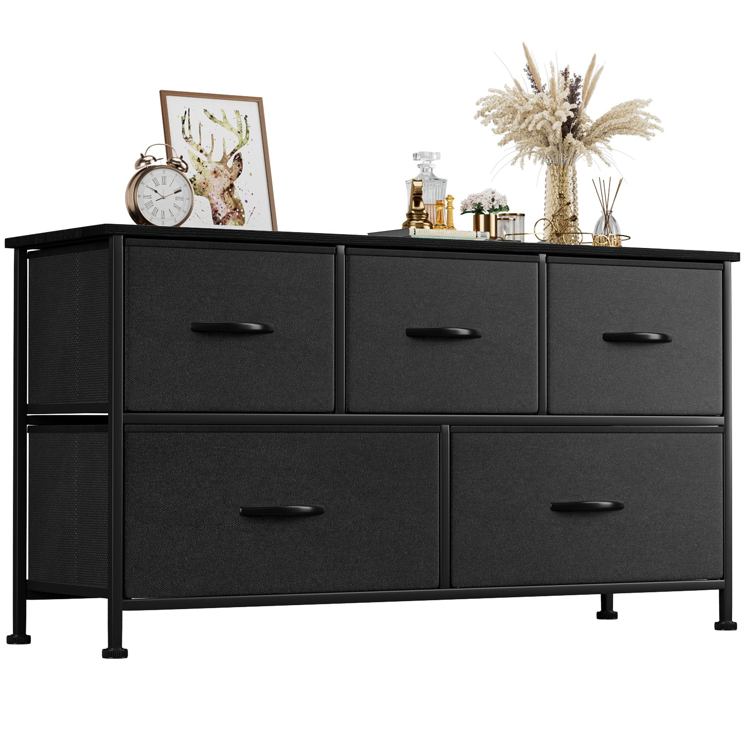 5 Drawer Fabric Dresser Wide Chest Of Drawers Nightstand With Wood Top Rustic Storage Tower Storage Dresser Closet For Living Room, Bedroom, Hallway, Nursery,Black