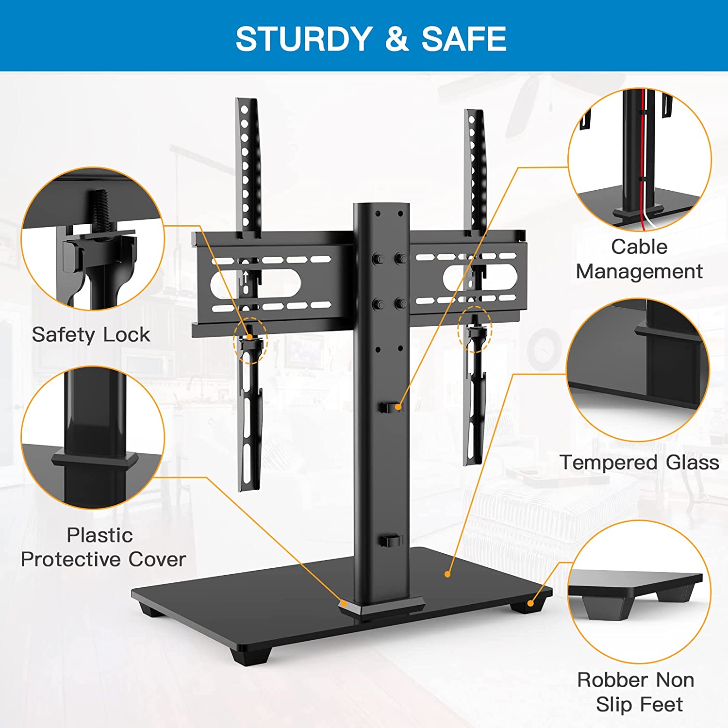 TV Stand, Table Top TV Stand for 32-55 inch LCD LED TVs, Height Adjustable TV Base Stand with Tempered Glass Base Wire Management, Max