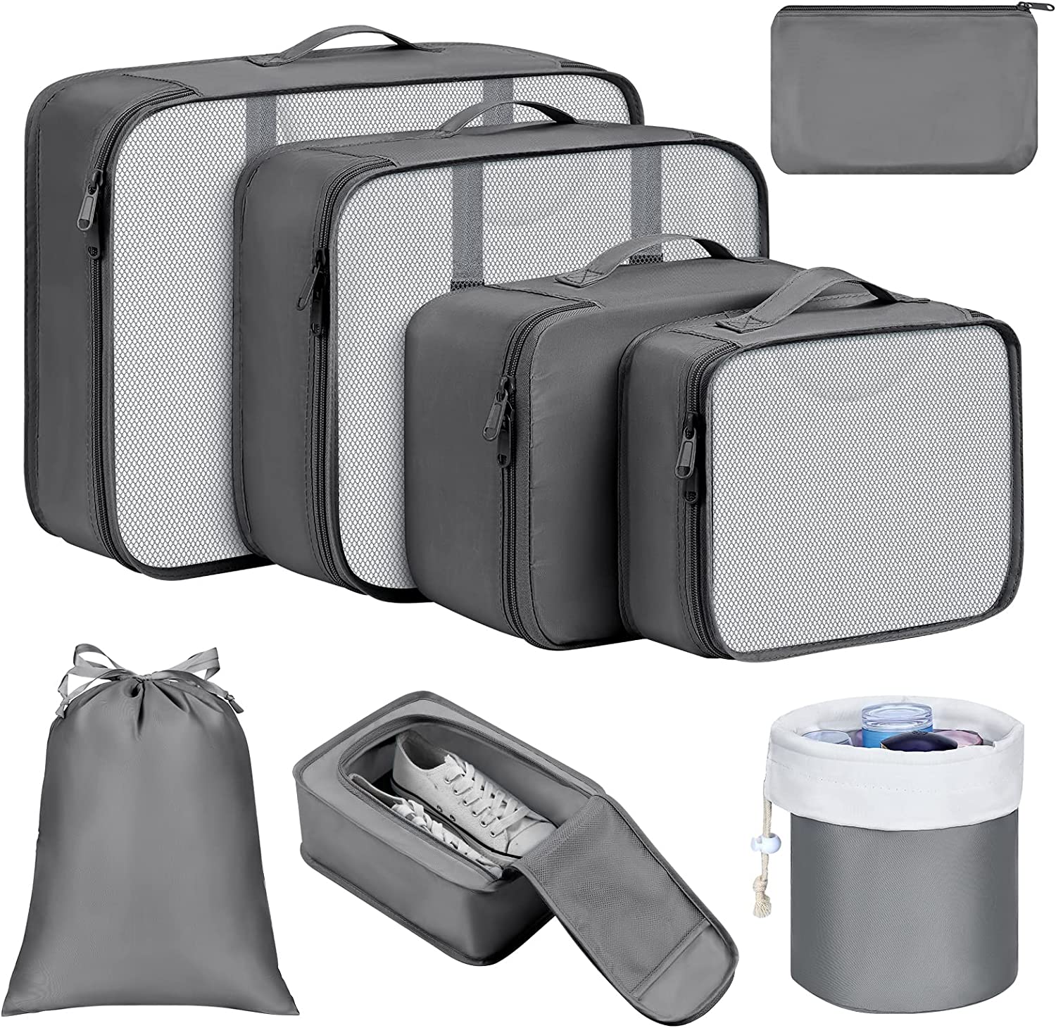 Packing Cubes for Travel, 8 Pcs Travel Cubes Set Foldable Suitcase Organizer Lightweight Luggage Storage Bag (Gray)