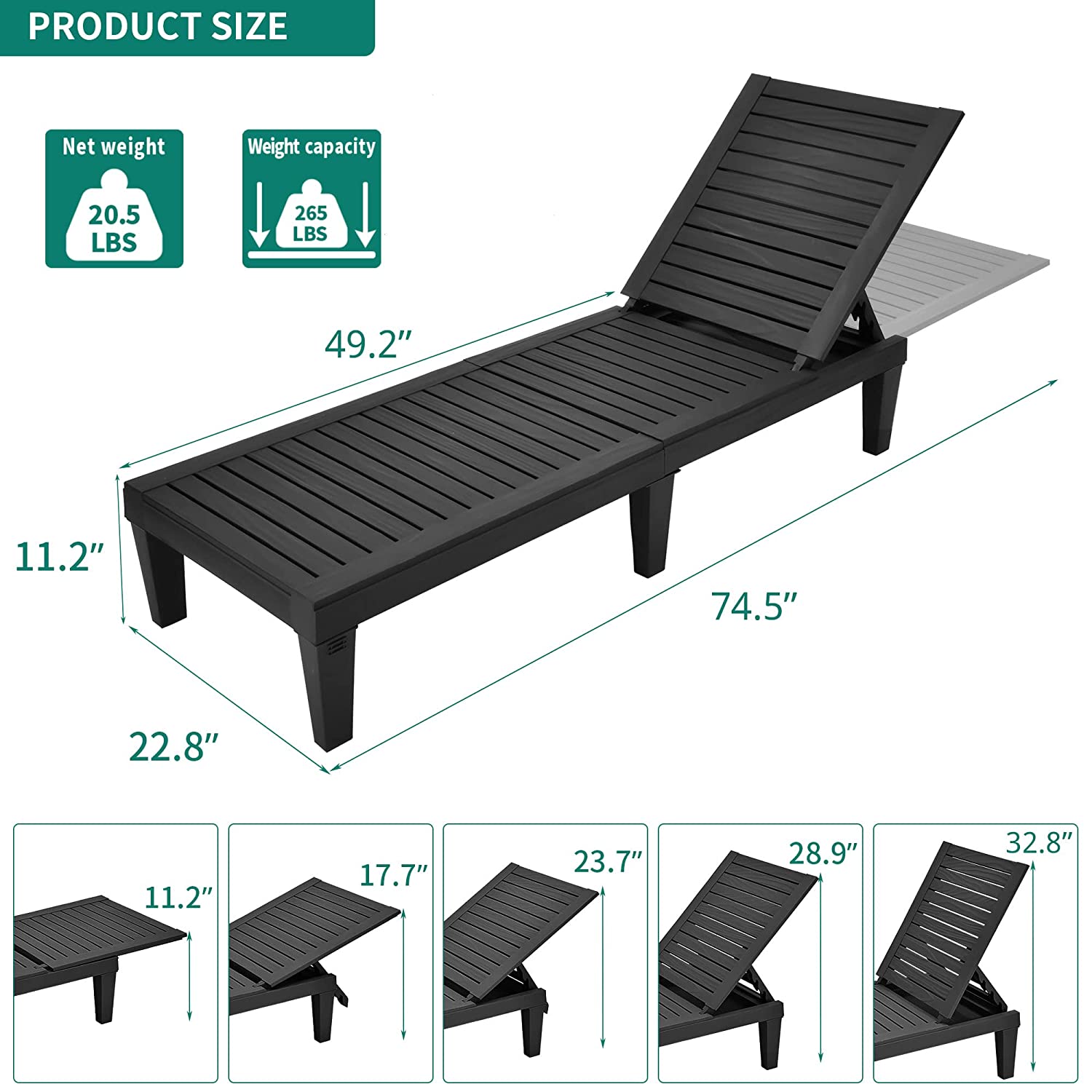 Outdoor Chaise Lounge Chairs Set of 2, Black