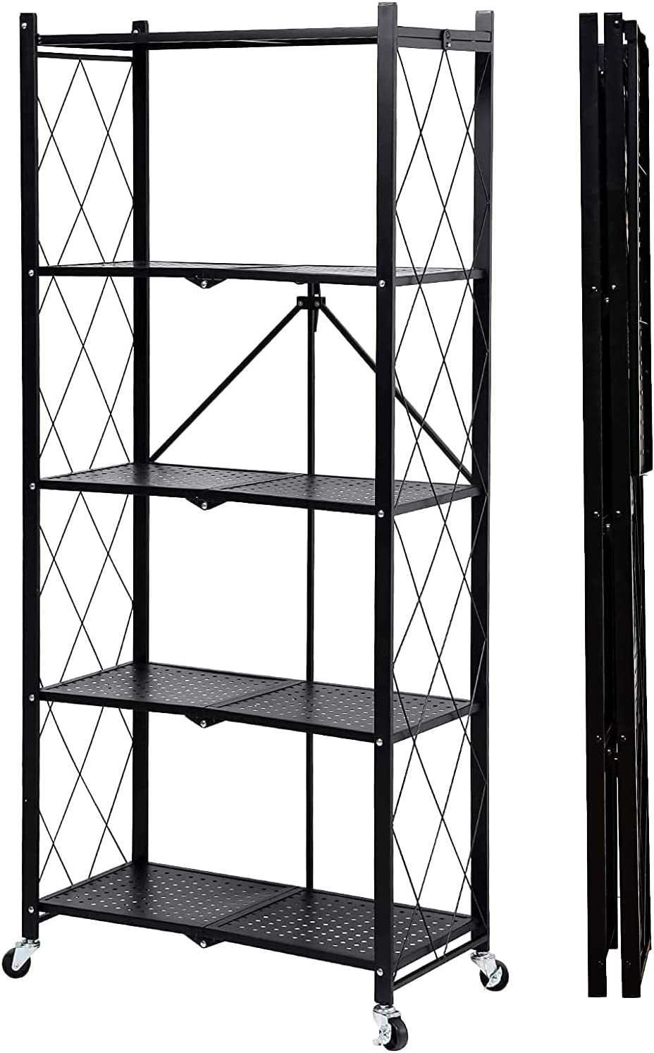 5 Shelf Foldable Storage Shelf Unit on Wheels (No Assembly) Large Capacity Shelving Unit Steel for Kitchen, Garage, Basement, Pantry£¬Heavy Duty Steel Shelving Organizer Rack