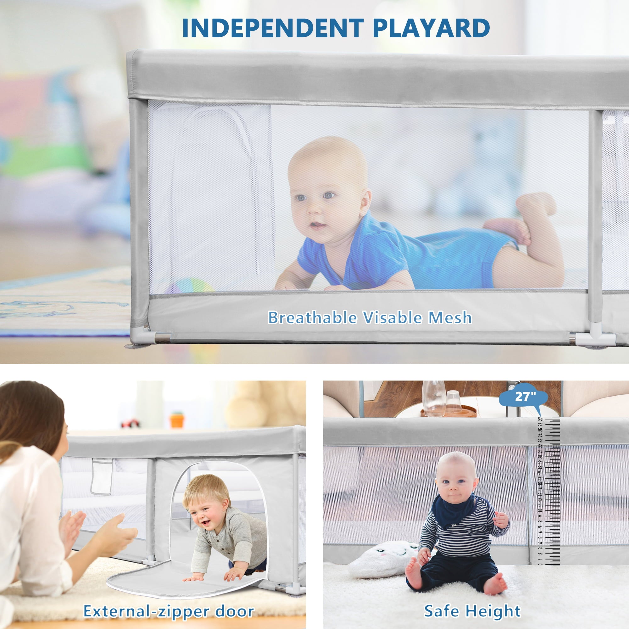 Baby Playpen,Extra Large Playard,Large Safety Play Center Yards,Kids Play Pen Activity with Super Soft Mesh,Sturdy Fence Play Area for Toddlers,47x47x27 inch(Gray)