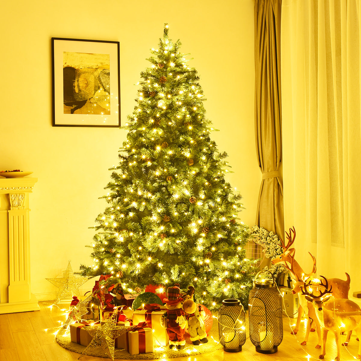 7Ft Pre-Lit Christmas Tree Hinged 460 LED Lights Pine Cones