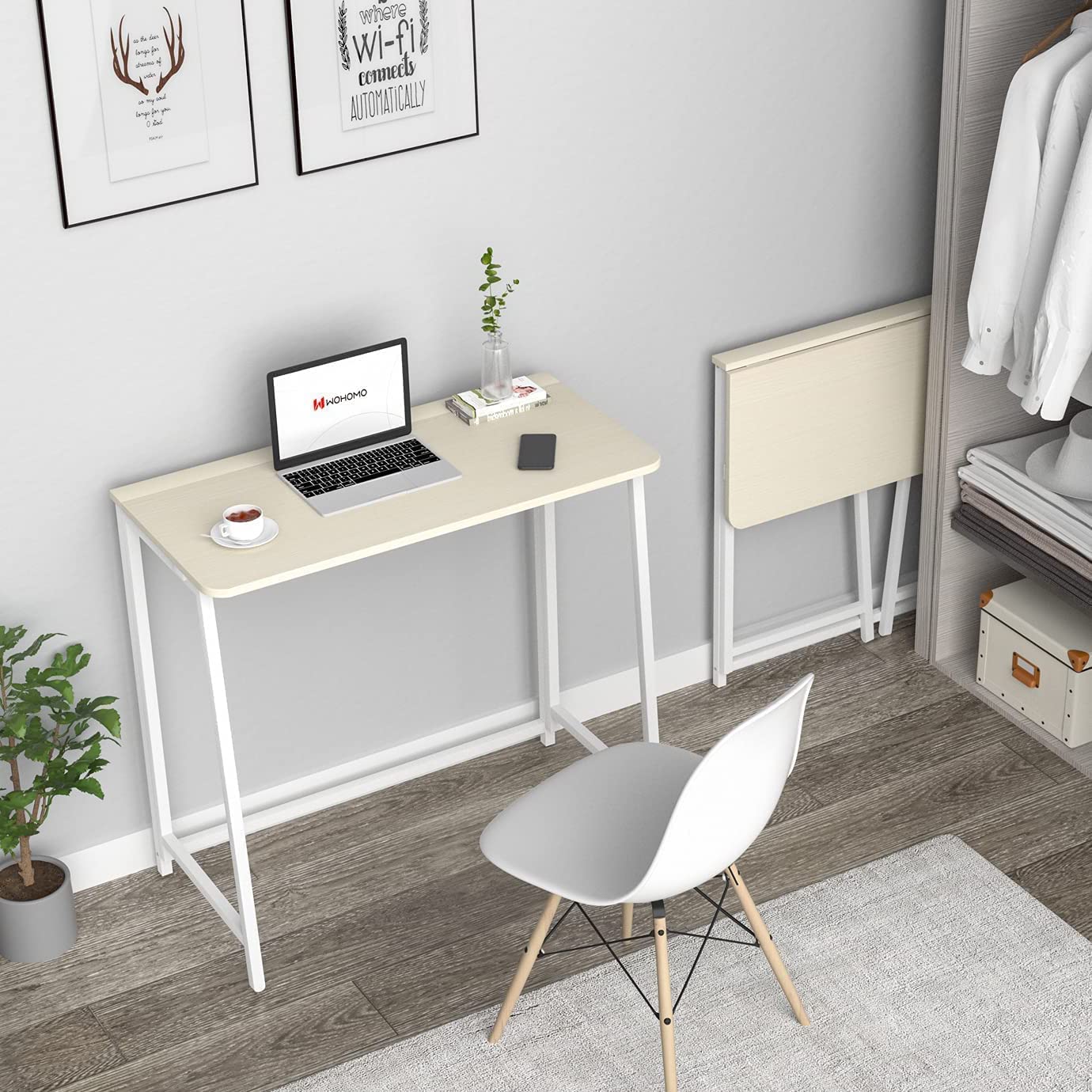 Folding Desk, Small Foldable Desk for Small Spaces, Space Saving Computer Table Writing Workstation for Home Office, Easy Assembly, Oak