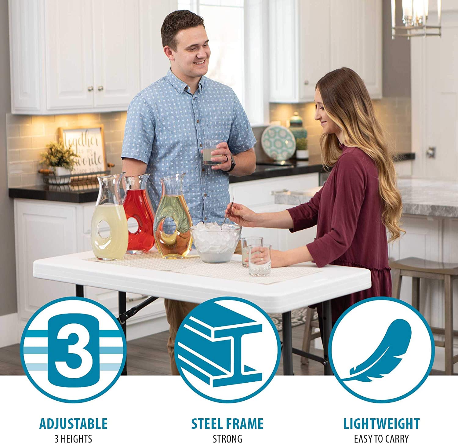 Commercial Height Adjustable Folding Utility Table, 4 Feet, White Granite