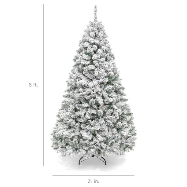 6ft Artificial Snow Decorated Flocked Hinged Christmas Tree with Metal Stand, White