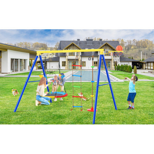 4 in 1 Outdoor Toddler Saucer Swing Set for Backyard, Playground Tree Swing Sets with Steel Frames, Climbing Rope with Disc Tree Swing Playset and Basketball Hoop