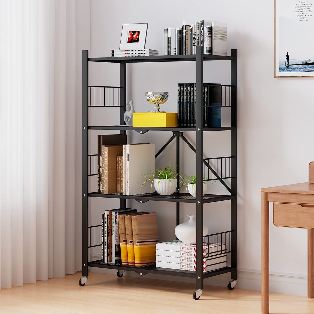 Folding Storage Shelves, 4-Tier Metal Shelves with Wheels, Shelving Units and Storage Rack, Rolling Shelf No Assembly