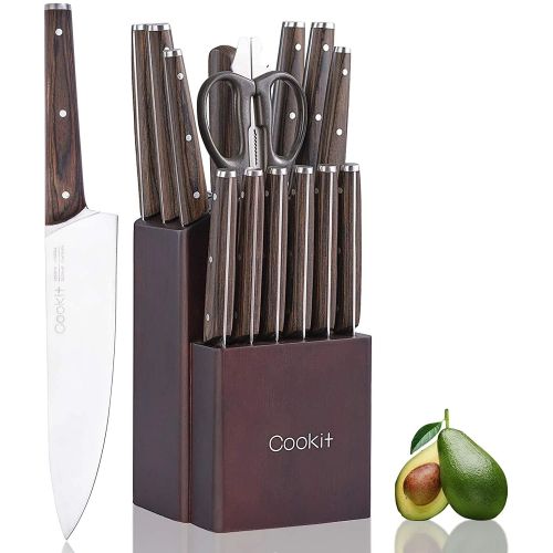 Kitchen Knife Sets, Cookit 15 Piece Knife Sets with Block for Kitchen Chef Knife Stainless Steel Knives Set Serrated Steak Knives with Manual Sharpener Knife
