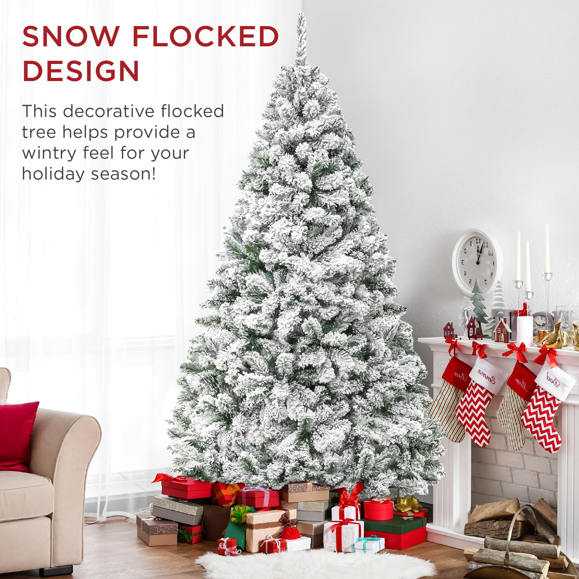 6ft Premium Holiday Christmas Pine Tree w/ Snow Flocked Branches, Foldable Metal Base
