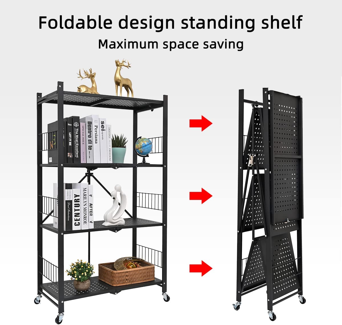 Folding Storage Shelves, 4-Tier Metal Shelves with Wheels, Shelving Units and Storage Rack, Rolling Shelf No Assembly