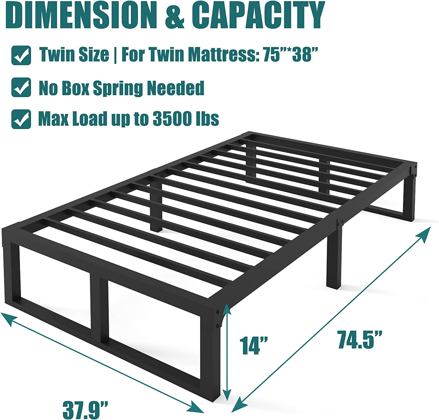 Twin Bed Frame, 14 Inch High 3500 lbs Heavy Duty Metal Platform, Mattress Foundation with Steel Slat Support/No Box Spring Needed/Noise Free/Non-Slip/Easy Assembly
