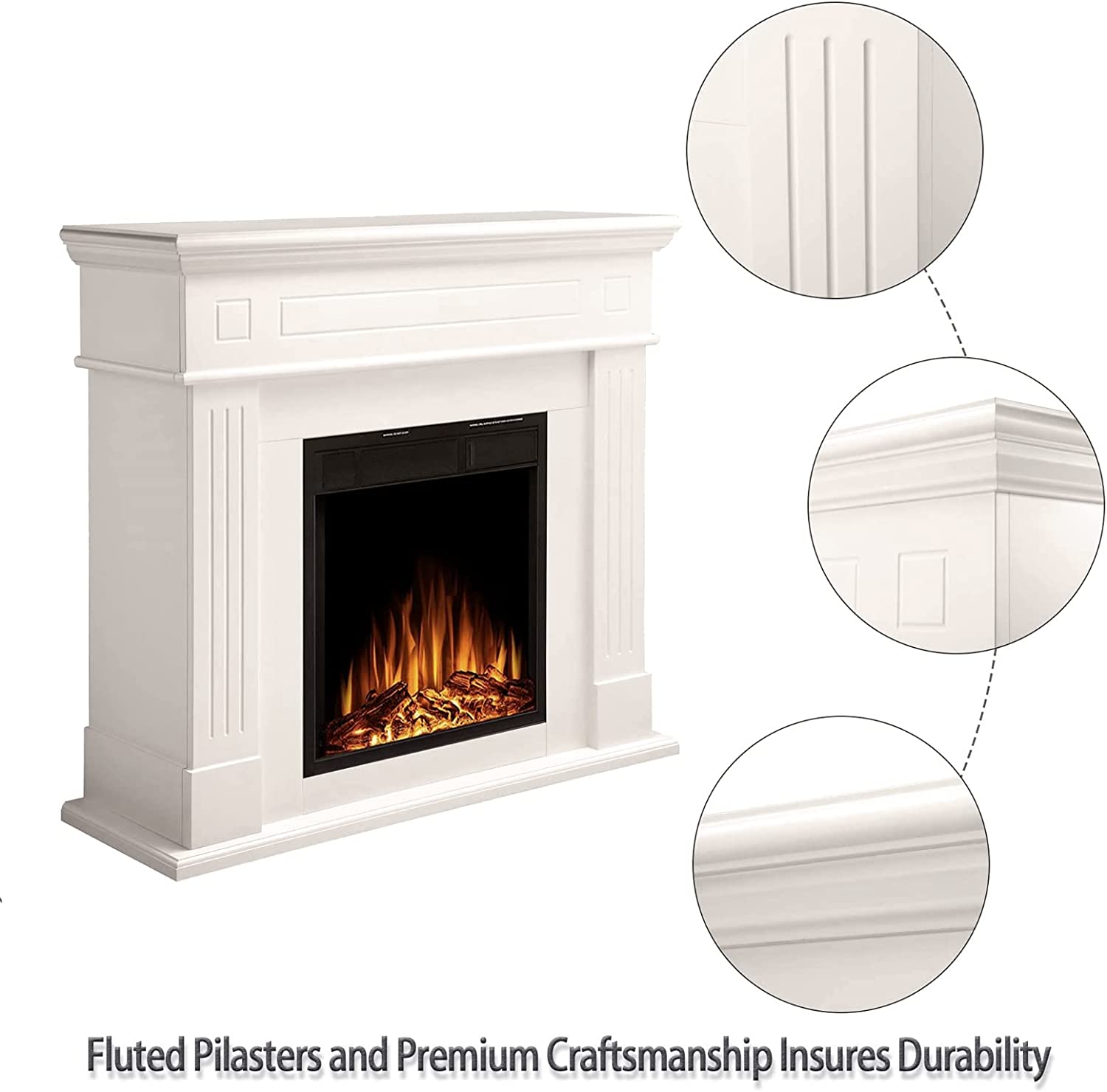 Electric Fireplace Mantel Wooden Surround Firebox, Freestanding Fireplace, Home Space Heather, Adjustable Led Flame, Remote Control,750W/1500W,Ivory White