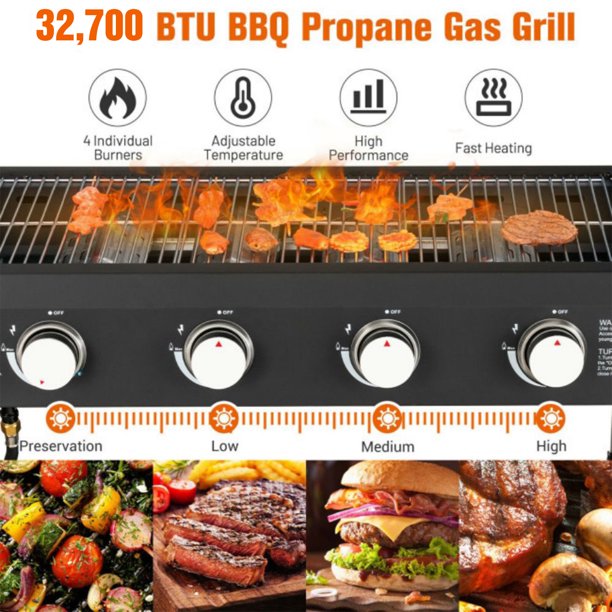 4-Burner Griddle Propane Gas Grill, Black
