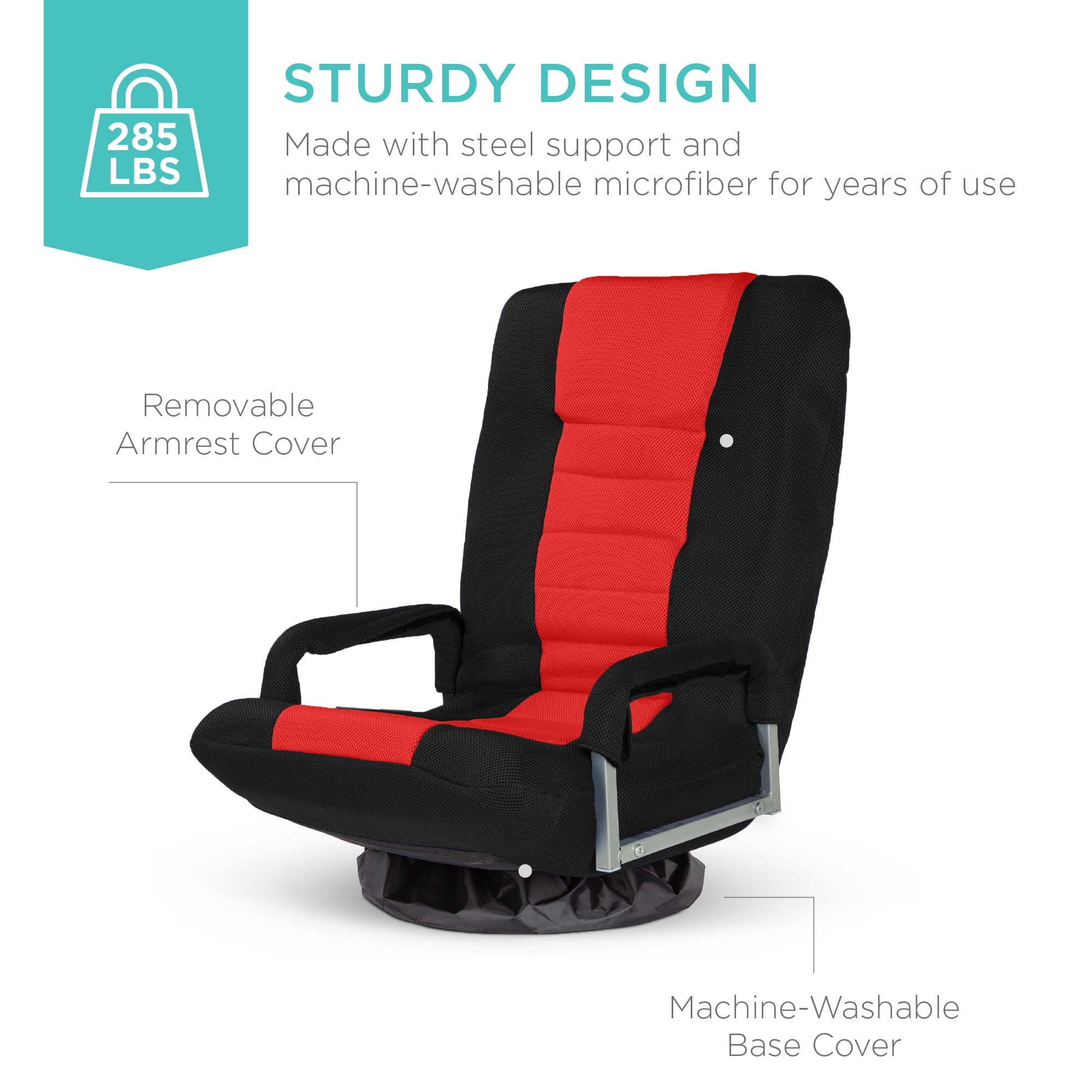 360-Degree Swivel Gaming Floor Chair w/ Armrest Handles, Foldable Adjustable Backrest - Black/Red