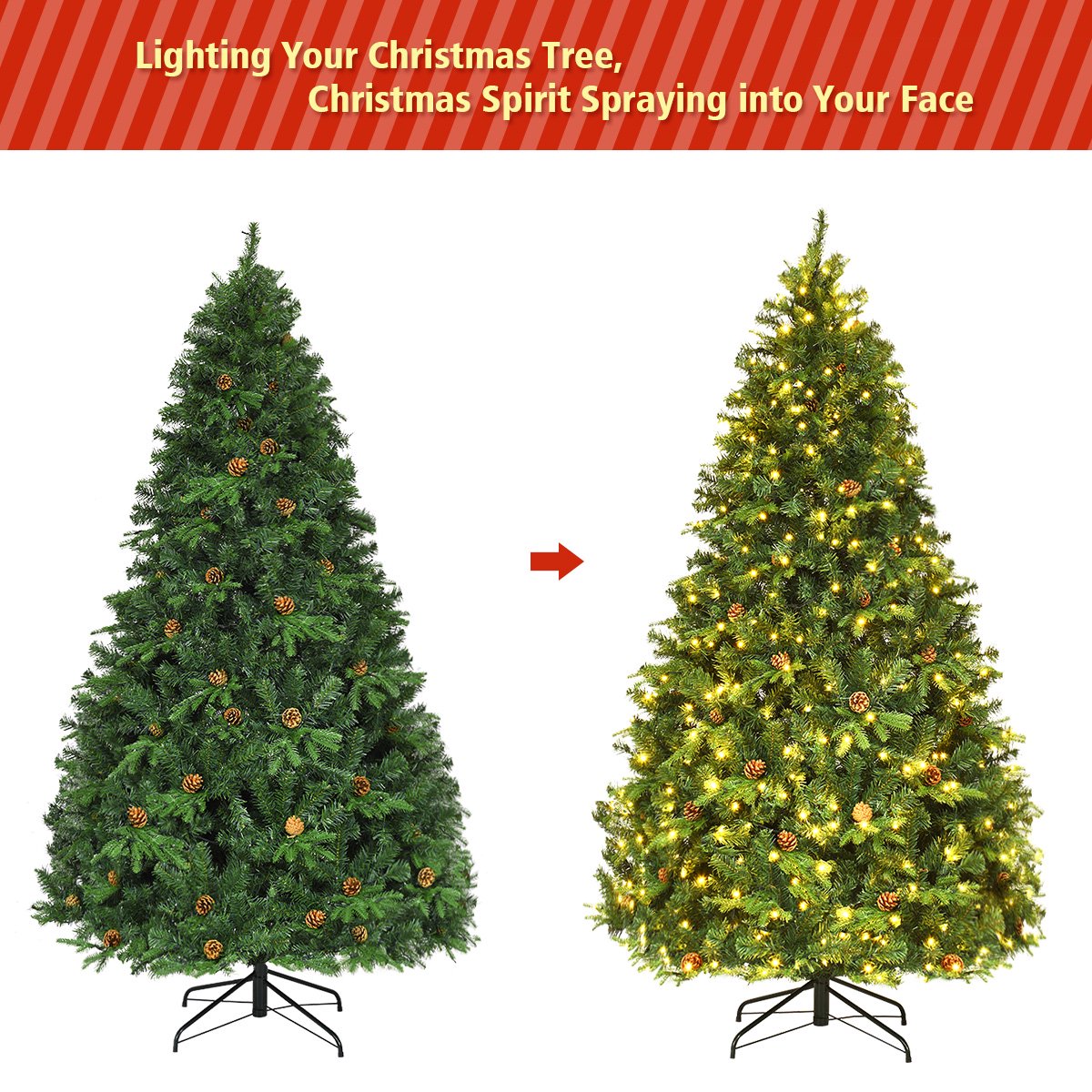 7Ft Pre-Lit Christmas Tree Hinged 460 LED Lights Pine Cones